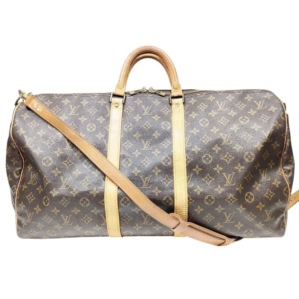 Louis Vuitton LV Boston Bag Keepall Bandouliere 55 Brown Monogram EUC